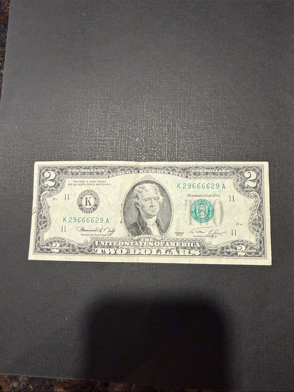 1976 Bicentennial $2 Bill - Circulated - unique serial number.